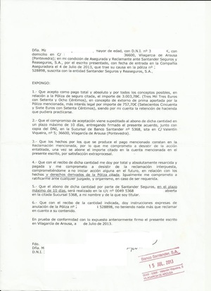 Insertamos el final de la historia; documento de aceptación de la devolución de las primas del seguro no contratado